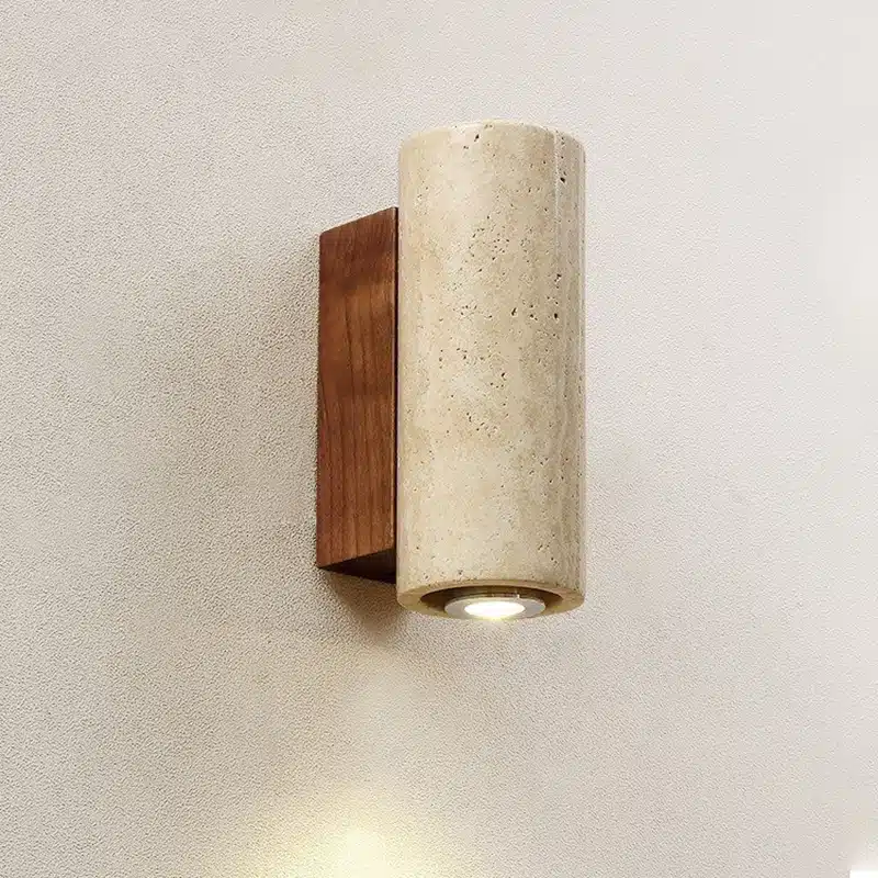 H16cm Wood Stone LED Wall Light in Wood and Yellow Travertine, product photograph