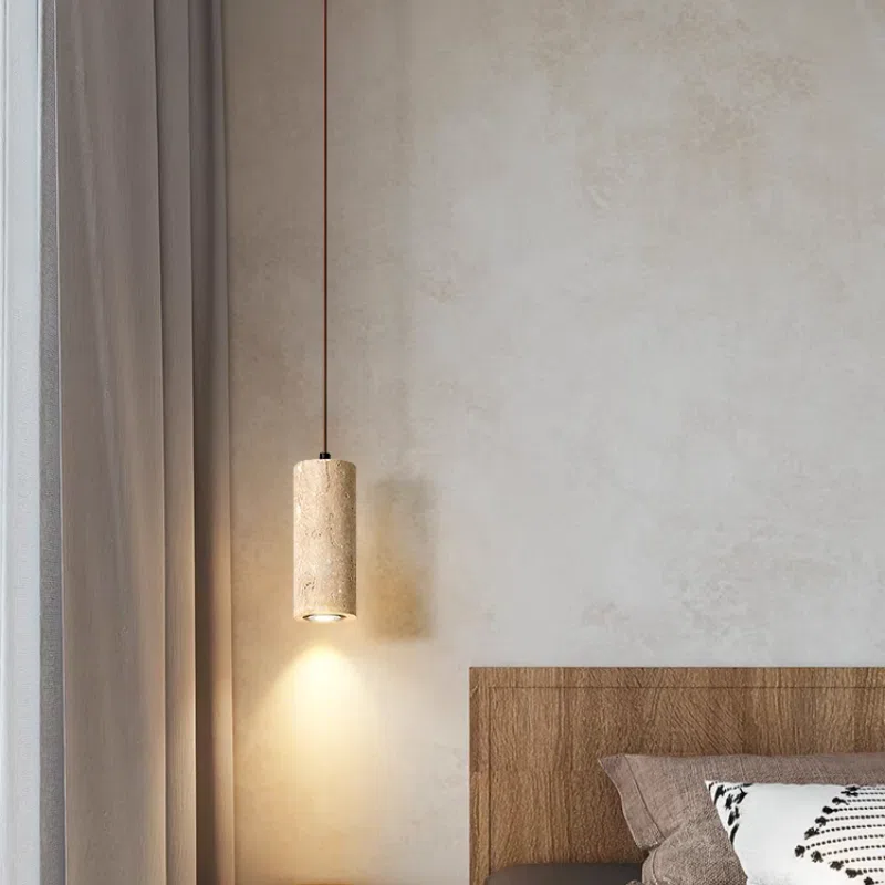 H16cm Yellow Travertine Pendant Light in Yellow Travertine and Wood and Metal, product photograph
