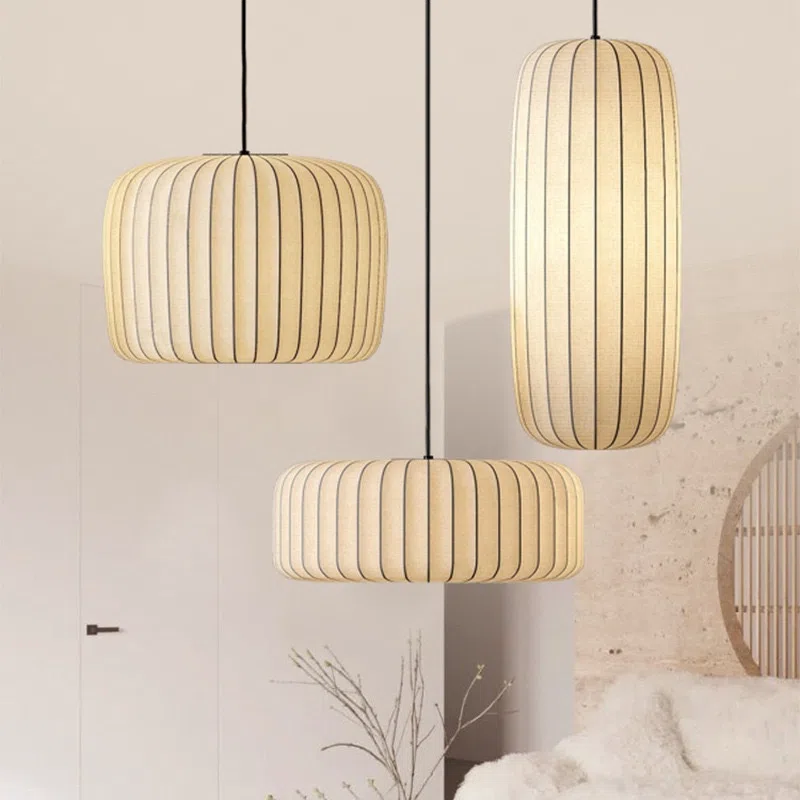 H25cm Lantern Silk Pendant Light in Iron and Silk, product photograph