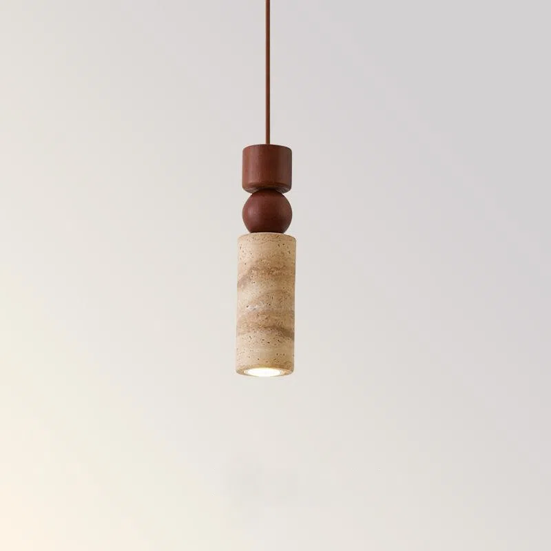 H28cm Vintage Yellow Travertine Pendant Lamp in Yellow Travertine and Wood and Metal, product photograph