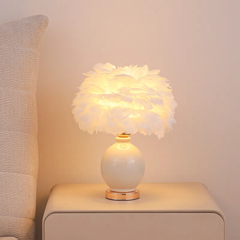 H40cm Colourful Ceramic Feather Table Light in Ceramic and Feather, product photograph