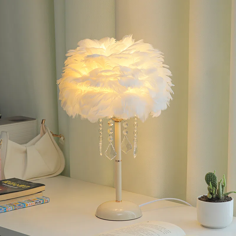 H48CM Hardware Feather Table Lamp in Hardware and Feather, product photograph