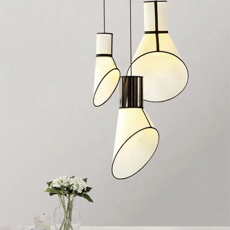 H65cm Iron Black White Fabric Pendant Lamp in Iron and Fabric, product photograph