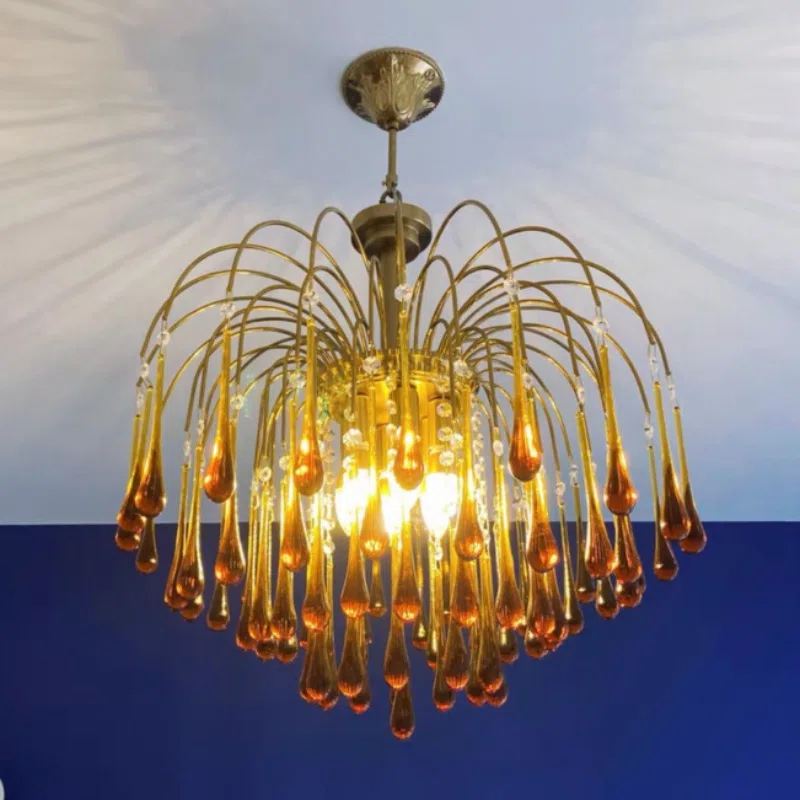 E14 Iron Water Drop Glass Pendant Lamp in Iron Plating and Glass, product photograph