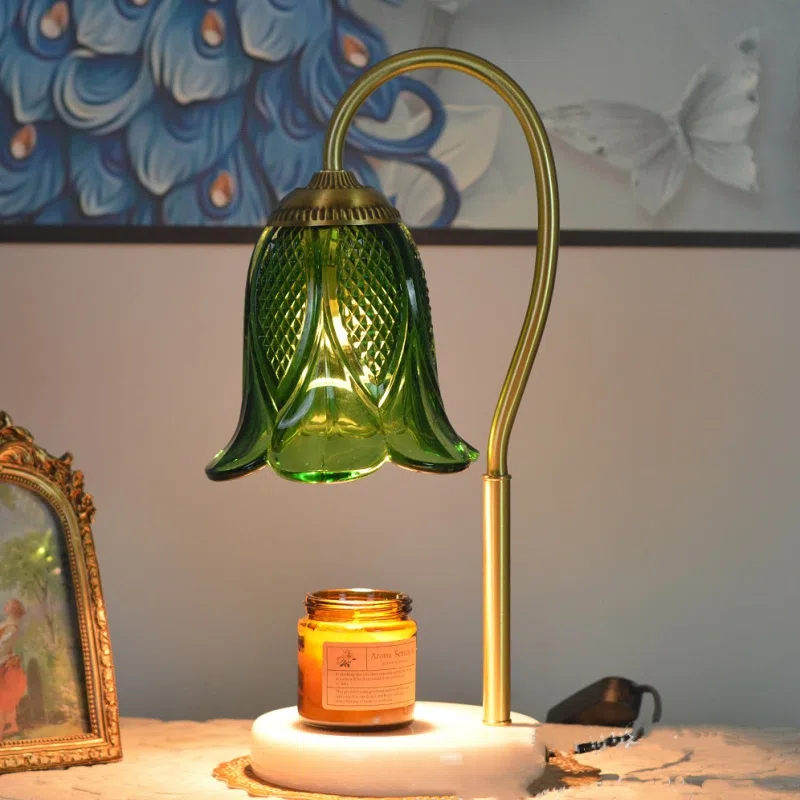 Jade Electric Candle Warmer Glass Table Lamp in Copper and Jade and Glass, product photograph