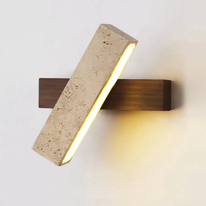 L20cm Cuboid Stone Reading LED Wall Light in Wood and Yellow Travertine, product photograph