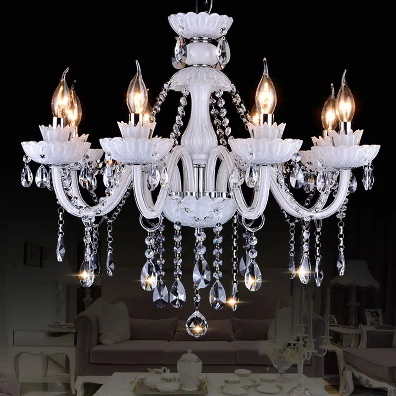 Large White Crystal Candle Chandelier in Iron and Crystal and Glass and Fabric, product photograph