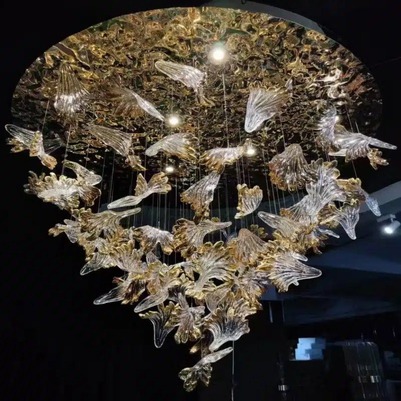 Maple Leaf Flying Bird Custom Glass Chandelier in Stainless Steel and Glass, product photograph