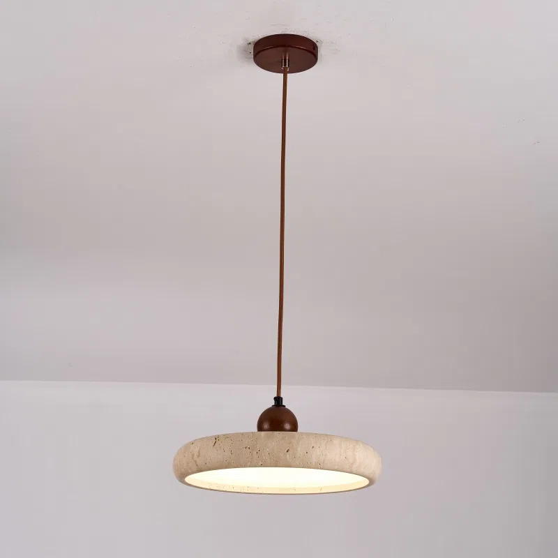 H13cm Natural Stone LED Pendant Light in Yellow Travertine and Wood and Metal, product photograph