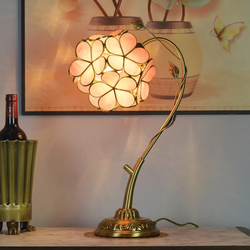Pink Flower Cherry Blossom Glass Petal LED Table Light in Copper and Glass, product photograph