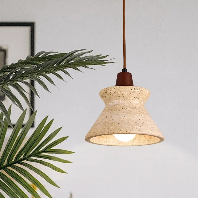 H19cm Retro Cone Stone Wood Pendant Light in Yellow Travertine and Wood and Metal, product photograph