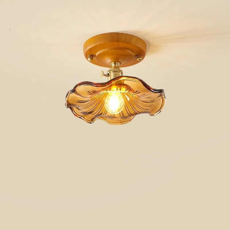 Retro Lotus Leaf Aluminum Glass Small Ceiling Light in Wood and Aluminum and Glass, product photograph