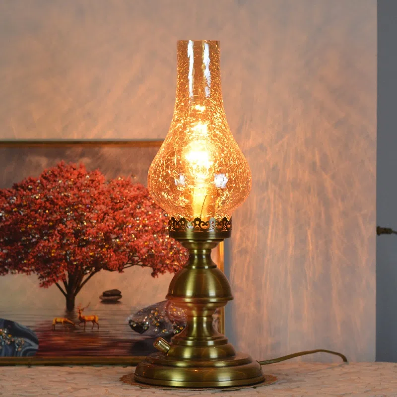 Retro Metal Electric Glass Flame Table Lamp in Copper and Glass, product photograph