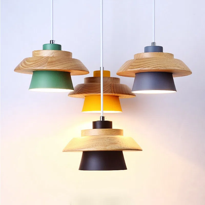 Retro Metal Wood Pendant Light in Metal and Wood, product photograph
