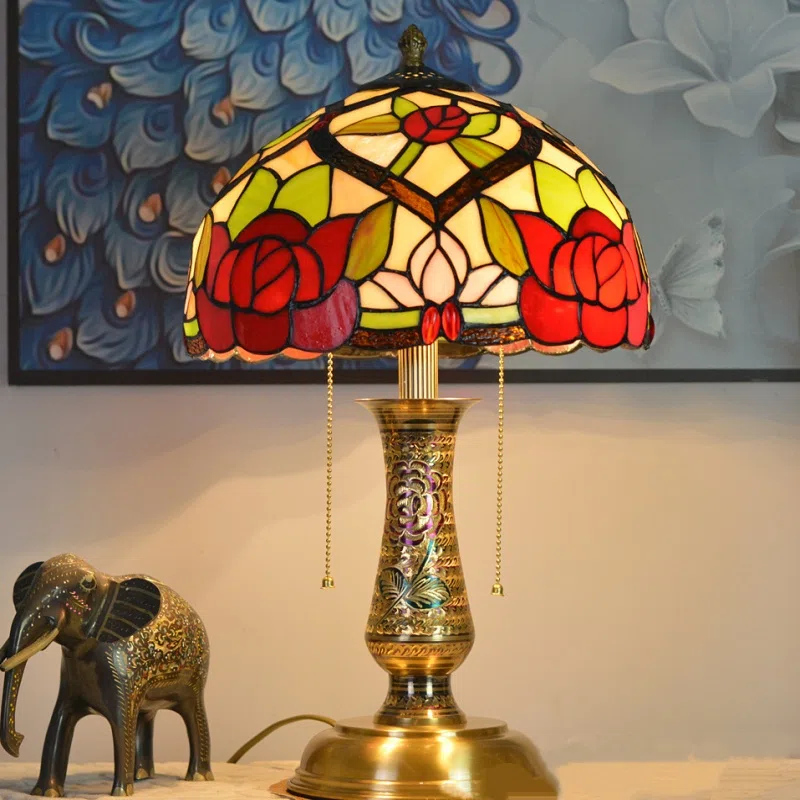 Rural Creative Stained Glass LED Table Lamp in Copper and Glass, product photograph