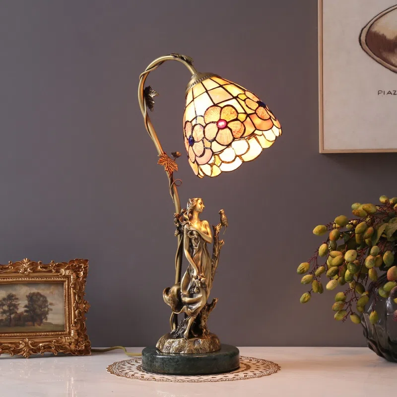 European Shell Marble Stained Glass Table Light in Copper and Marble and Shell, product photograph
