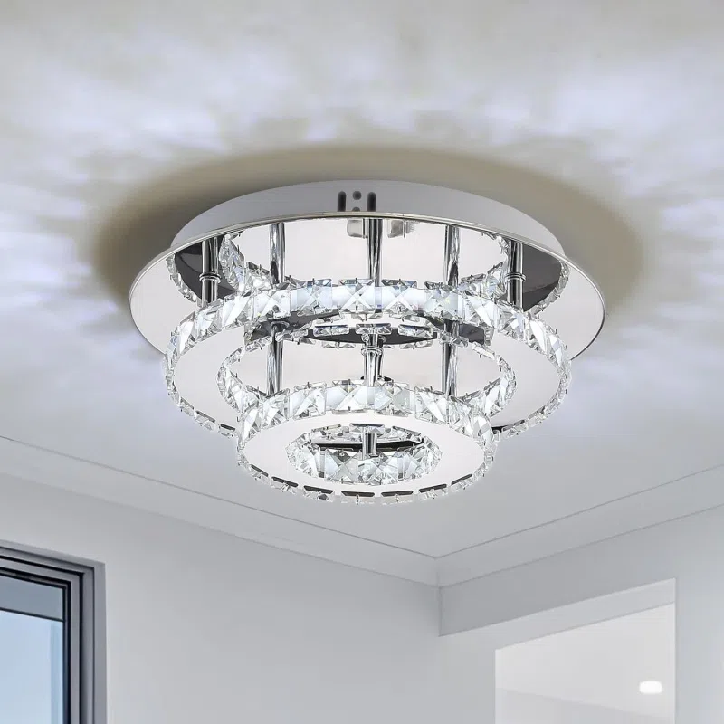 Round Stainless Steel Crystal Ceiling Lamp in Stainless Steel and Crystal, product photograph