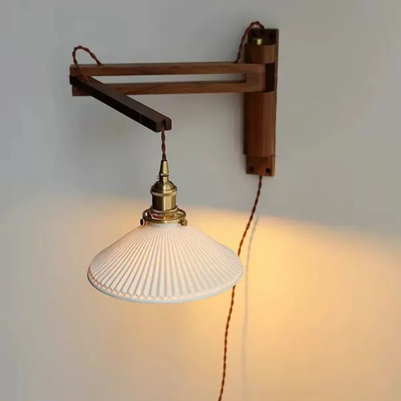 Retro Telescopic Folding Iron Wood Glass Wall Lamp in Iron and Glass and Wood, product photograph
