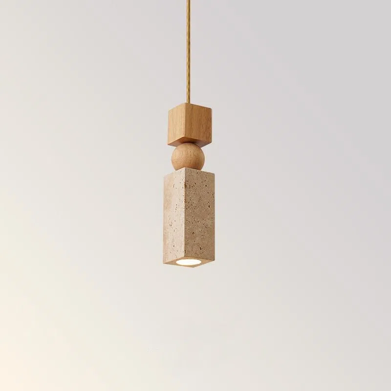Wabi Sabi Travertine Marble Pendant Light in Yellow Travertine and Wood and Metal, product photograph