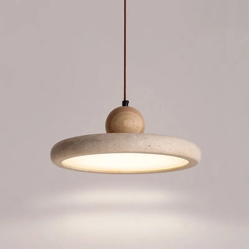 D30cm Wabi Sabi Stone LED Pendant Lamp in Yellow Travertine and Wood and Metal, product photograph