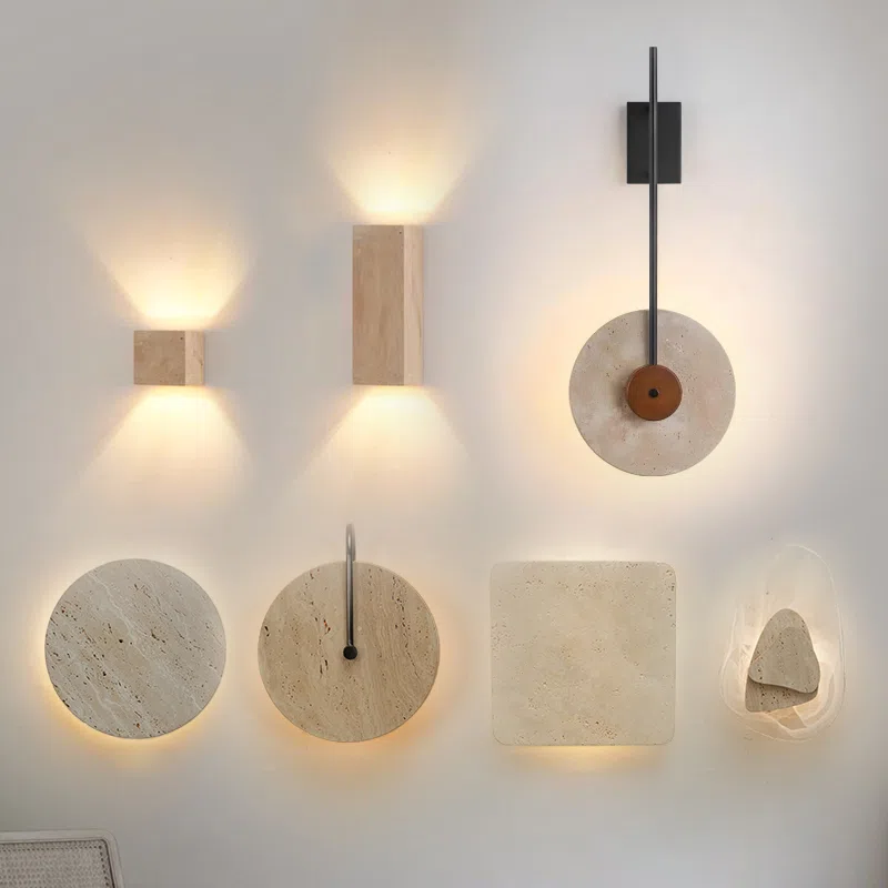 Wabi-Sabi Style LED Stone Wall Lamp in Hardware and Yellow Stone, product photograph