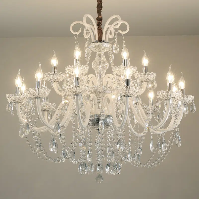 White Crystal Candle Chandelier in Iron and Crystal and Glass and Fabric, product photograph