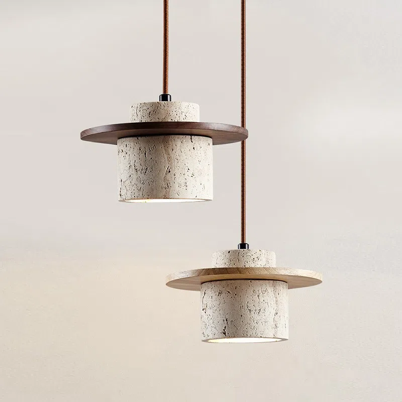 E27/E26 Yellow Caver Stone Pendant Light in Wood and Yellow Travertine, product photograph