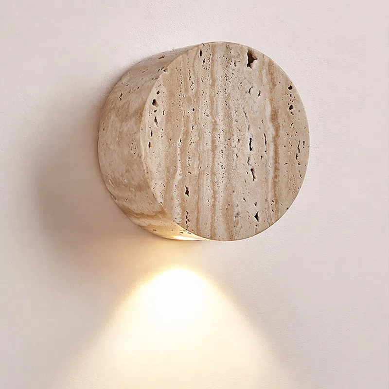 D10cm Yellow Travertine Round LED Wall Light in Wood and Yellow Travertine, product photograph