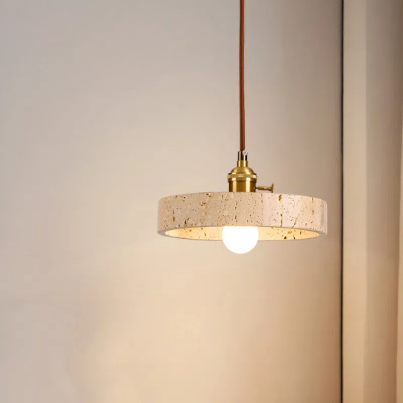 H11cm Yellow Travertine Stone Pendant Lamp in Yellow Travertine and Wood and Metal, product photograph