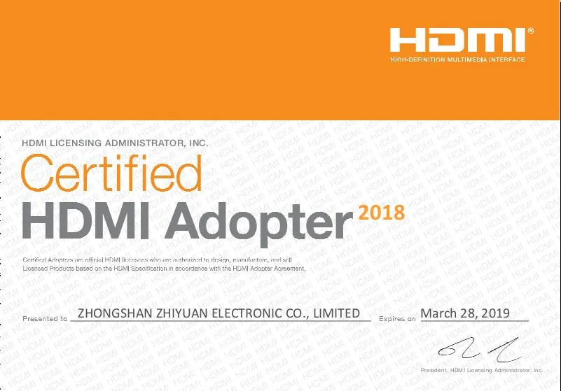 Certified HDMI Adopter certificate 2018