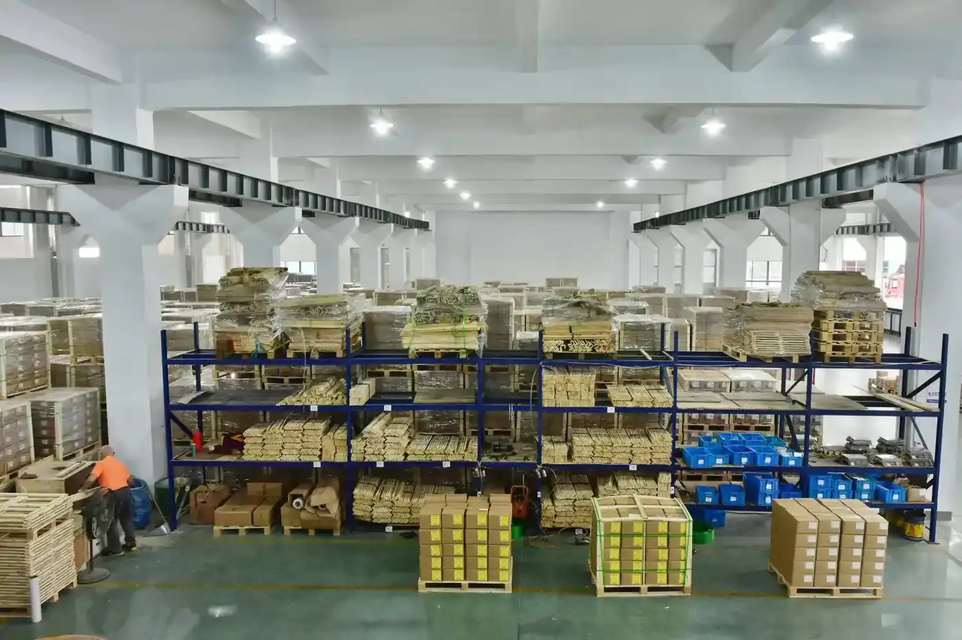 Finished goods warehouse with racked pallets of cartons