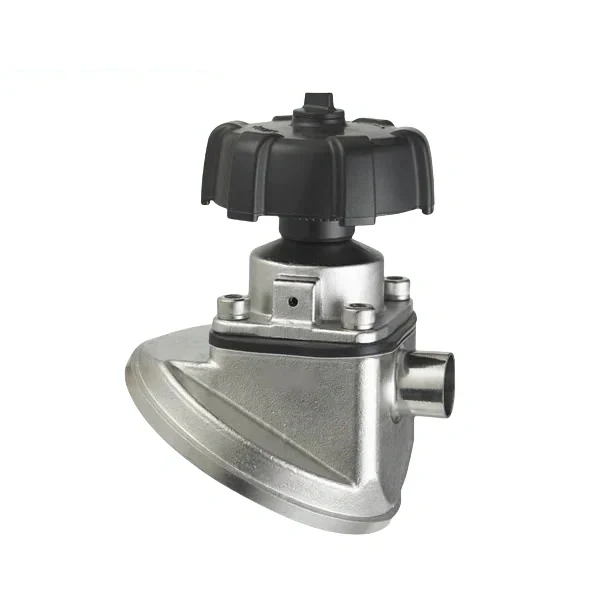 Sanitary-grade stainless steel tank-bottom diaphragm valve with manual operation and hygienic non-retention design