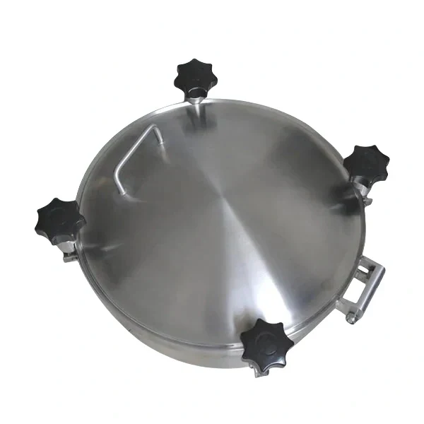 Hygienic stainless steel round pressure manhole for pressurized tanks.