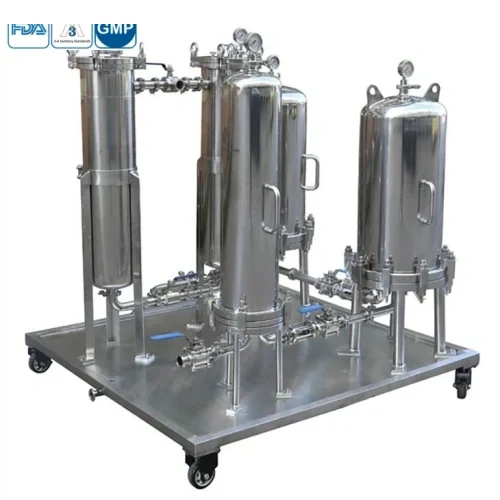 Filter housing skid for cannabis and CBD oil filtration, featuring stainless steel construction