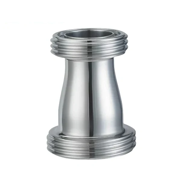 Stainless steel food processing concentric reducer with male threading.
