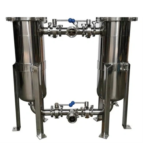 Stainless steel duplex bag filter housing with two-chamber design for non-stop operation