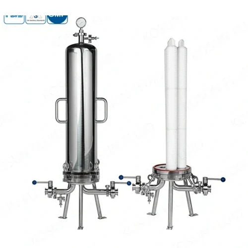 Sanitary liquid cartridge filter housing for high-purity liquid filtration.