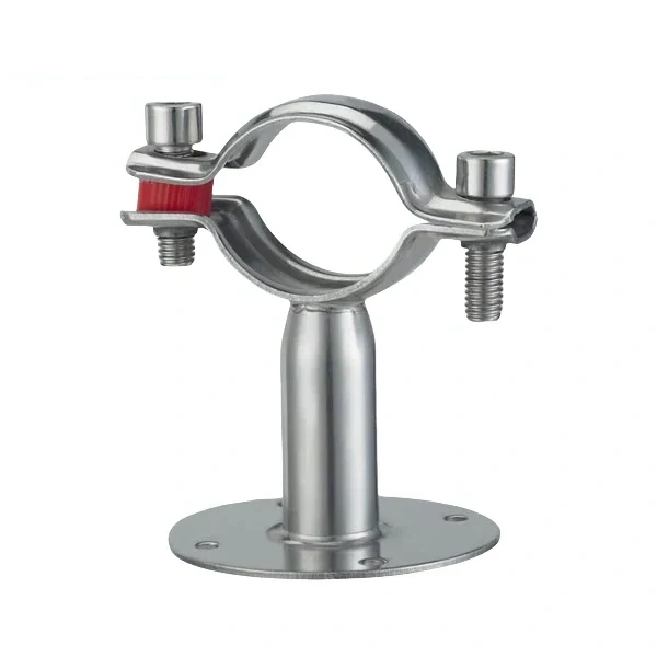Stainless steel sanitary round pipe hanger with a base plate