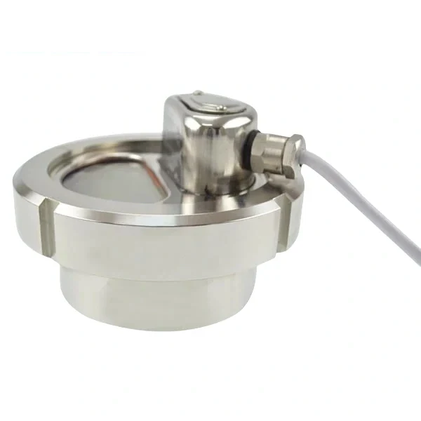 Sanitary stainless steel sight glass assembly with external wire light for illuminated process viewing in hygienic pipes.