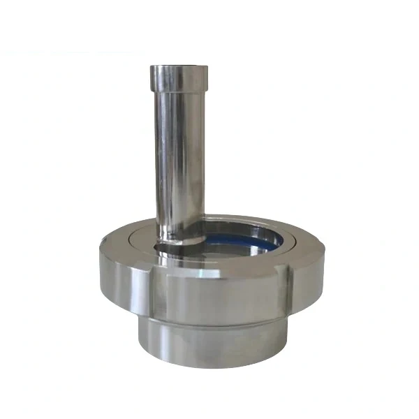 Sanitary stainless steel sight glass with an integrated LED light for hygienic tank viewing.