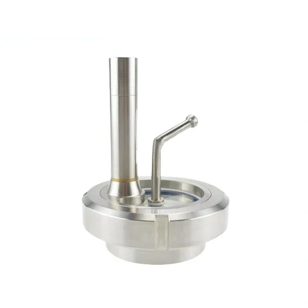 Sanitary stainless steel union sight glass with wiper and light for hygienic tank viewing.