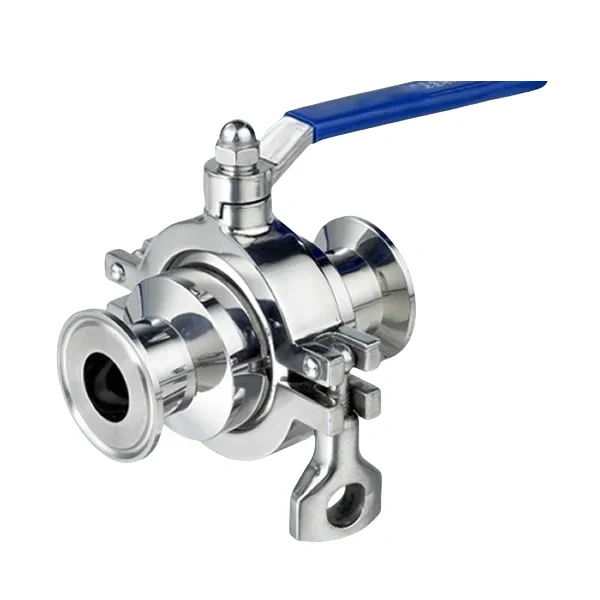 Food grade stainless steel manual ball valve with clamped connections and non-retention design for hygienic food equipment applications