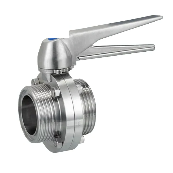 Food grade stainless steel butterfly valve with duck type handle and male-male threaded connections for hygienic processing