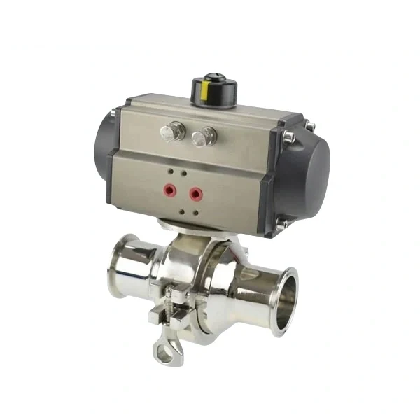 Food grade stainless steel pneumatic ball valve with tri-clamp connections and non-retention design for hygienic applications