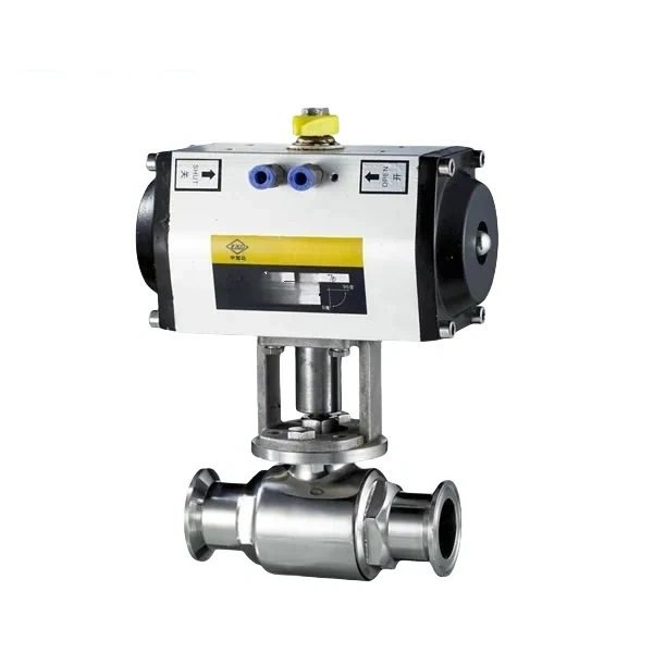 Food grade stainless steel straight-way ball valve with pneumatic actuator and tri-clamp connections for hygienic applications