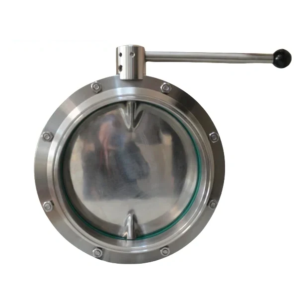 Large stainless steel welded butterfly valve with pull handle for food processing applications