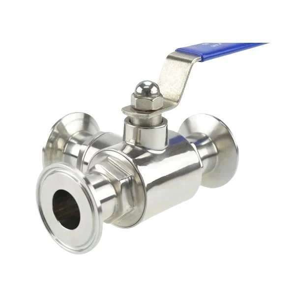 Sanitary stainless steel 3-way ball valve with clamped connections and manual operation for hygienic applications