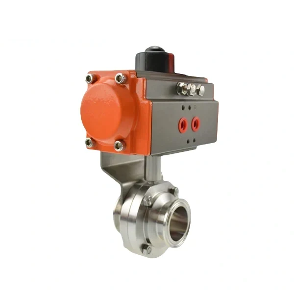 Hygienic grade stainless steel pneumatic butterfly valve with clamped connection for sanitary processing
