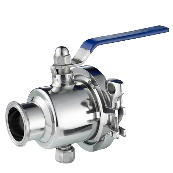 Hygienic grade stainless steel manual ball valve with middle-clamp design and non-retention structure for sanitary applications