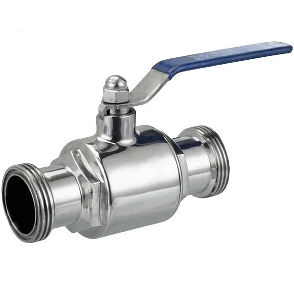 Sanitary grade stainless steel 2-way ball valve with male threaded connections for hygienic applications